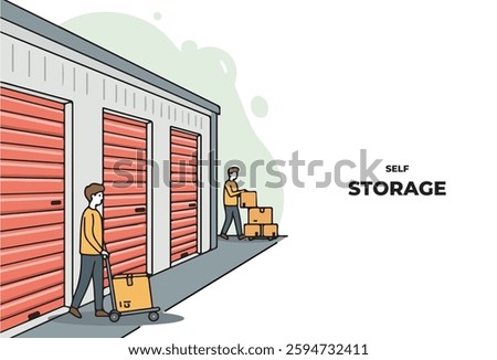 Self Storage vectors, A small mini warehouse with a man handling cardboard boxes in front of a garage door. This scene represents logistics and goods transportation, depicting a self-storage unit.