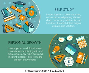 Self study and education themed card template for print or web design. Personal growth creative illustration.