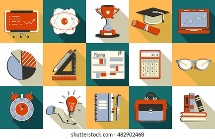 Self study and education themed icons set. Flat style vector illustrations - calculator, atom, cup, suitcase, notebook, book, glasses, planner, lamp, clock.