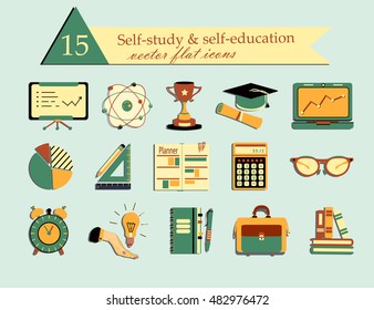 Self study and education themed icons set. Flat style vector illustrations - calculator, atom, cup, suitcase, notebook, book, glasses, planner, lamp, clock.