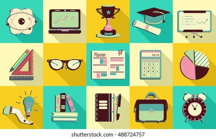 Self study and education themed icons set. Flat style vector illustrations - calculator, atom, cup, suitcase, notebook, book, glasses, planner, lamp, clock.