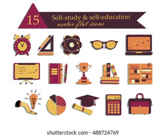 Self study and education themed icons set. Flat style vector illustrations - calculator, atom, cup, suitcase, notebook, book, glasses, planner, lamp, clock.