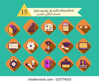 Self study and education themed icons set. Flat style vector illustrations - calculator, atom, cup, suitcase, notebook, book, glasses, planner lamp clock