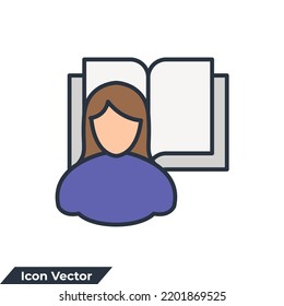 Self Study Icon Logo Vector Illustration. Girl And Book Symbol Template For Graphic And Web Design Collection