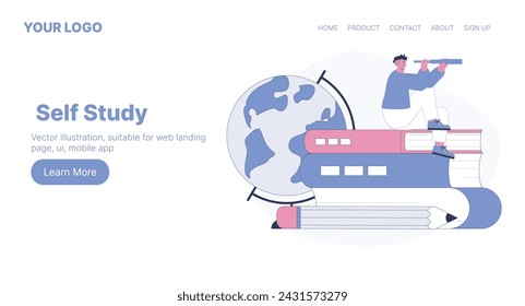 Self Study. Web Landing Page Design. Flat Cartoon Vector Illustration. Vector illustration, suitable for web landing page, ui, mobile app.