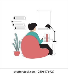 Self Studying or Working In A Room With Light On, Focus Doing Assignment Alone Concept, Flat Style Vector Illustration