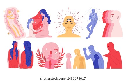 Autoinconsciente. Cuidado mente. Salud interior. Ámate a ti mismo. Paz mental espiritual. Apariencia de mujer. Hombre estresado. Bienestar sueño. Cabeza de persona. Personas mindfulness. Conjunto de conceptos de psicología del Vector