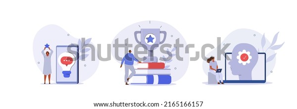Self success and\
improvement illustration set. Characters self-learning, improving\
themselves and receiving reward. Education and personal growth\
concept. Vector\
illustration.