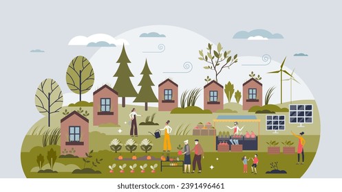 Self sufficient community with green lifestyle practices tiny person concept. Ecological local food growing and alternative energy consumption vector illustration. Eco home district with organic farm