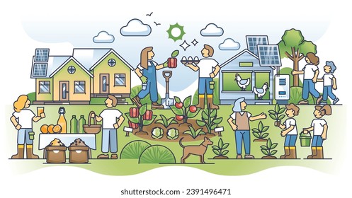 Self sufficient community with local organic food growing outline concept. Ecological, sustainable lifestyle with renewable resources consumption and nature conservation practices vector illustration