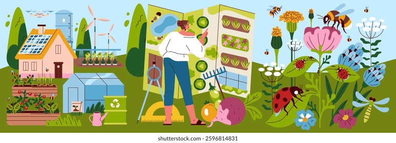 Self Sufficient Garden concept. An illustration showing a thriving self-maintained garden with diverse plants and sustainable practices. Highlights gardening, nature's biodiversity, and eco-friendly