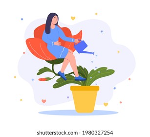 Self sufficient woman sitting on the flower. Narcissism, self perception and self esteem, positive affirmations, psychology problem. Flat abstract metaphor cartoon vector illustration concept design