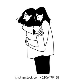 Self support line minimalistic vector illustration, woman hugs herself, psychological art