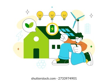Ilustração vetorial de casas autossustentáveis com design ecológico, energia renovável, vida verde e arquitetura moderna em um fundo plano