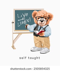 self taught slogan with bear doll lecturer and chalk board vector illustration