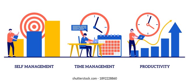 Self And Time Management, Productivity Concept With Tiny People. Employee Performance And Self-organization Abstract Vector Illustration Set. Motivation Software, Effective Job Planning Metaphor.