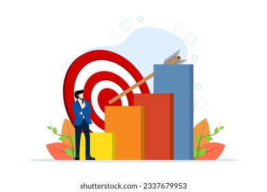 Self and time management, productivity concept with small people. businessman targeting goals with rising graphics. Motivational software, effective job planning metaphor. vector illustration.