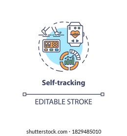 Self tracking concept icon. Healthy lifestyle, biohacking idea thin line illustration. Monitoring health conditions with fitness tracker. Vector isolated outline RGB color drawing. Editable stroke