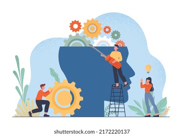 Self training concept. Characters with tools next to abstract head silhouette. Creative and logical processes, brain research. Education, learning and development. Cartoon flat vector illustration