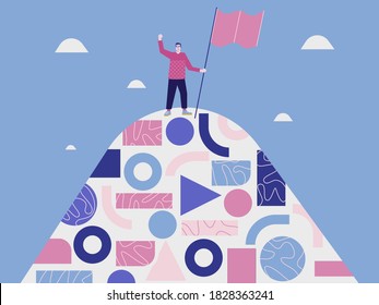 Self validation. Winner creative  illustration concept. Person holding a flag on a top on a mountain. Vector.