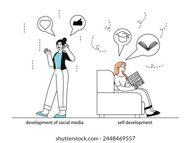 Self versus social development linear. Woman sitting with book and reading near girl with smartphone. Improvement of skills or popularity. Simple flat vector illustration isolated on white background
