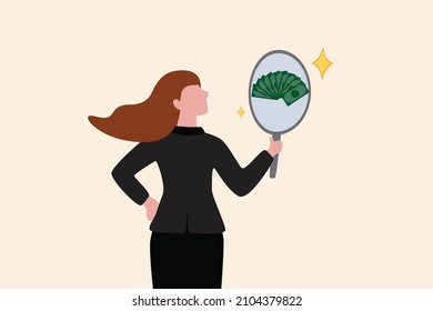 Self worth or self esteem, confident or attitude to see value in yourself, motivation or positive thinking concept, confidence businesswoman look at her reflection in the mirror to see money banknotes