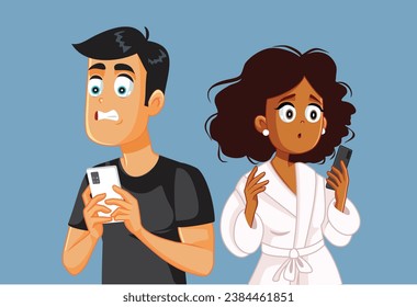 
Self-Absorbed Couple Ignoring Each Other Engaged with their Phone Vector Cartoon. Modern relationship were boyfriend and girlfriend overuse technology 
