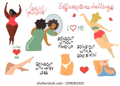 Self-acceptance challenges. I love yourself. Happy women accepting themselves. Vector set. Flat illustration. 
Transparent background