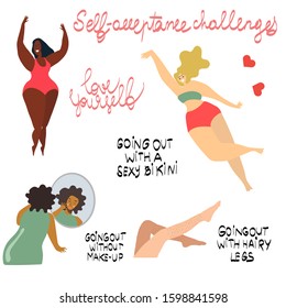 Self-acceptance challenges. I love yourself. Happy women accepting themselves. Flat illustration. 
Transparent background