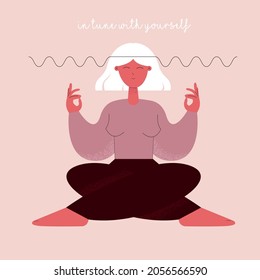 Self-acceptance, harmony with your body, self-love. Girl with meditates in the lotus position. The concept of inner peace, spiritual enlightenment 