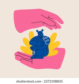 Self-acceptance, support, mental health- the woman sits in big hands and hugs her knees. Colorful vector illustration
