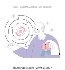 Self-actualization concept illustration featuring a content individual and a labyrinth, symbolizing personal growth journey. Vector illustration.