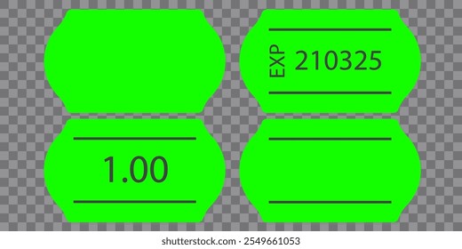 Self-adhesive green neon paper price tag with two stripes. Blank price label. Green sticker to indicate the expiration date. Vector illustration isolated on chequered background.