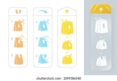 Self-adhesive label for opening and closing packaging. The illustration is made in a single colorful style, for maximum printing efficiency. Ideal for use in printing, promo, packaging. EPS10.