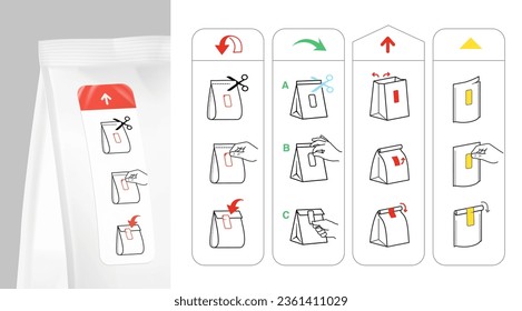 Self-adhesive label for opening and closing packaging bag. Vector illustration isolated on white background. Great for your design. EPS10.