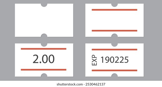 Etiqueta de preço de papel autoadesivo com duas listras vermelhas. Etiqueta de preço em branco. Adesivo branco para indicar a data de validade. Ilustração de vetor isolada em plano de fundo cinza.