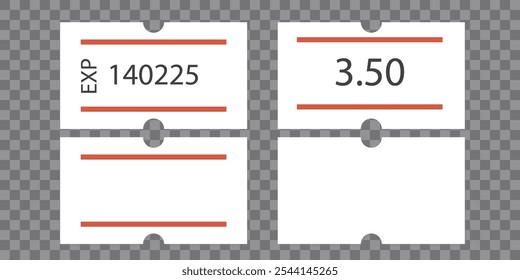 Etiqueta de preço de papel autoadesivo com duas listras vermelhas. Etiqueta de preço em branco. Adesivo branco para indicar a data de validade. Ilustração vetorial isolada no plano de fundo quadriculado.