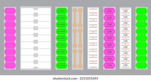 Etiquetas de preço de papel autoadesivas em listras. Etiqueta de preço em branco. Adesivo colorido para indicar a data de validade. Etiqueta de joias. Ilustração de vetor isolada em plano de fundo cinza.