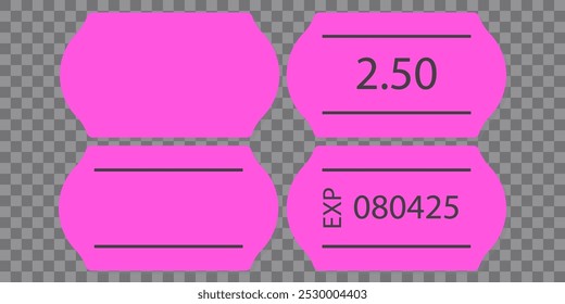 Self-adhesive pink neon paper price tag with two stripes. Blank price label. Pink sticker to indicate the expiration date. Vector illustration isolated on chequered background.