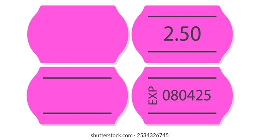 Self-adhesive pink neon paper price tag with two stripes. Blank price label. Pink sticker to indicate the expiration date. Vector illustration isolated on white background.