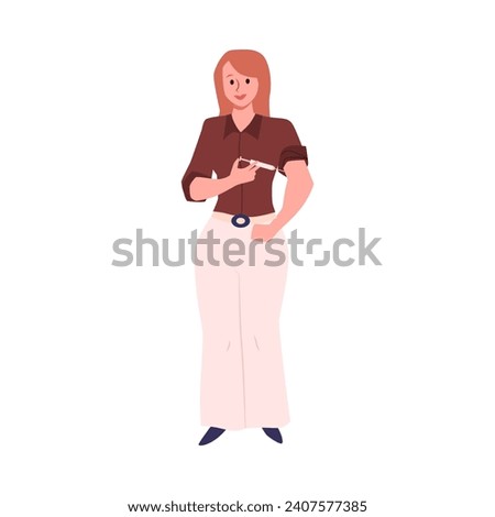 Self-administers insulin or drugs injection into shoulder with syringe. Female treatment diabetes through self-care and medication delivery. Health care and control vector isolated illustration