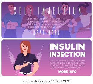 Self-administers insulin or drugs injection with syringe. People treatment diabetes through self-care and medication delivery. Health care and control therapy vector flyers template set