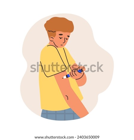 Self-administers insulin injection into shoulder. Male treatment diabetes through self-care and medication delivery. Health care and control. Cartoon vector illustration isolated on white