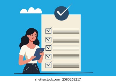 Self-assessment checklist. Woman reviewing and checking off personal or professional goals.  Personal development, goal setting, and self-improvement concept.