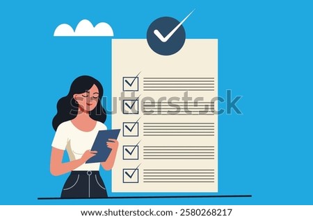 Self-assessment checklist. Woman reviewing and checking off personal or professional goals.  Personal development, goal setting, and self-improvement concept.