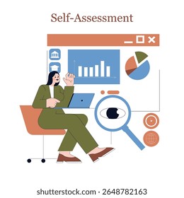 Self-assessment in college choice process. An individual analyzes data and trends while using tools to improve decision-making. This practice enhances understanding and evaluation of options