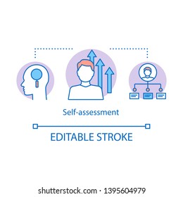 Self-assessment concept icon. Test idea thin line illustration. People examining vector isolated outline drawing. Employee ability, qualifications. Skill improvement. Self respect, IQ editable stroke