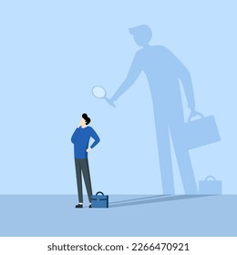 Self-assessment concept or self-analysis process to know oneself, find plan or goals in life or work and career concept, businessman with shadow using magnifying glass to analyze himself.