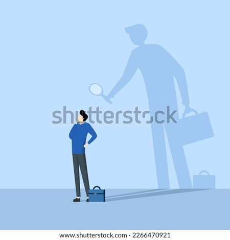 Self-assessment concept or self-analysis process to know oneself, find plan or goals in life or work and career concept, businessman with shadow using magnifying glass to analyze himself.