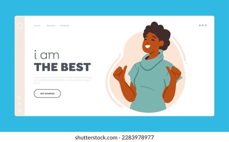 Self-assurance Landing Page Template. Confident Female Character Pointing Towards Herself, Indicating A Sense Of Self-belief, Pride And Positivity Concept. Cartoon People Vector Illustration